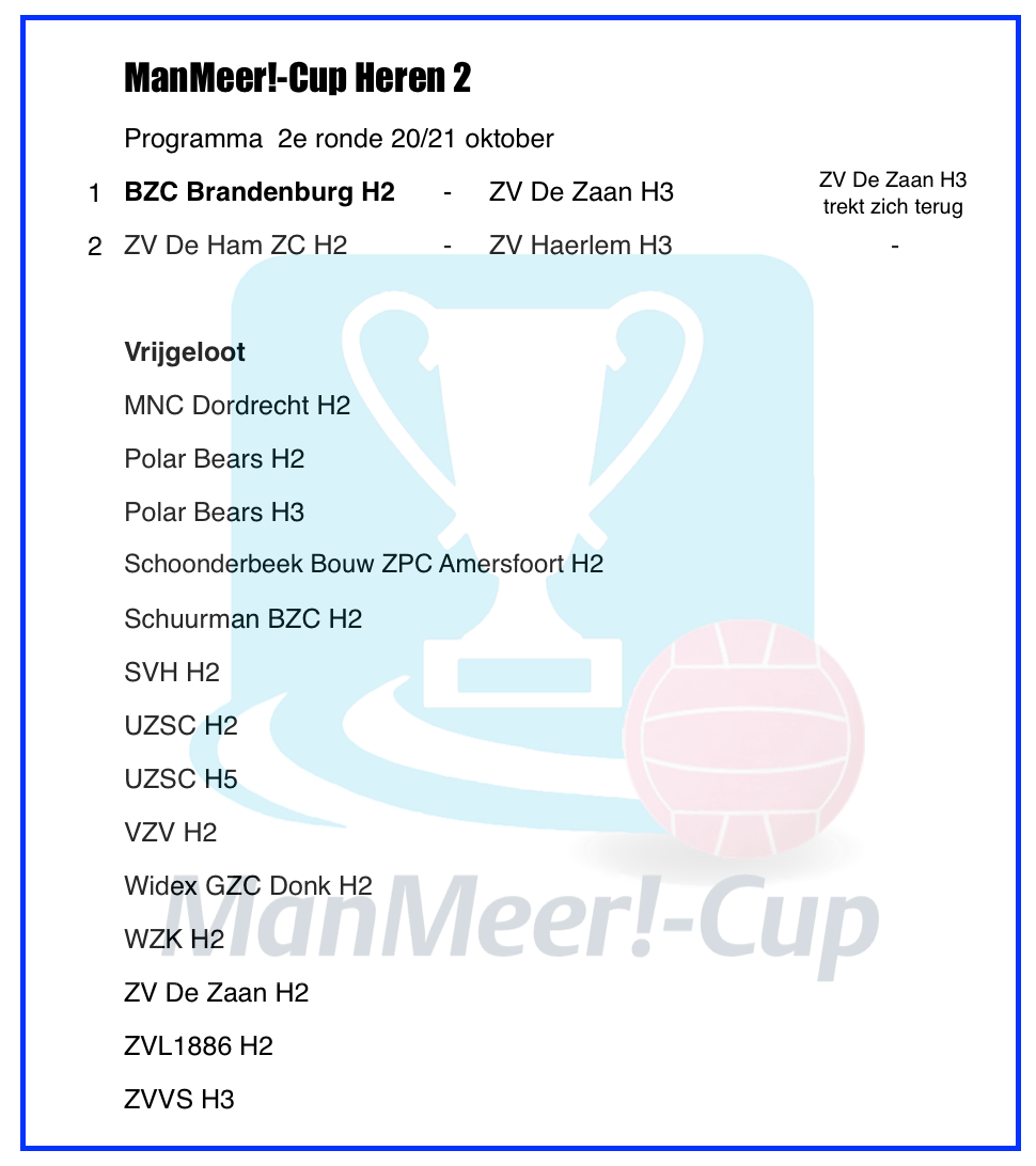 Programma tweede ronde ManMeer!-Cup